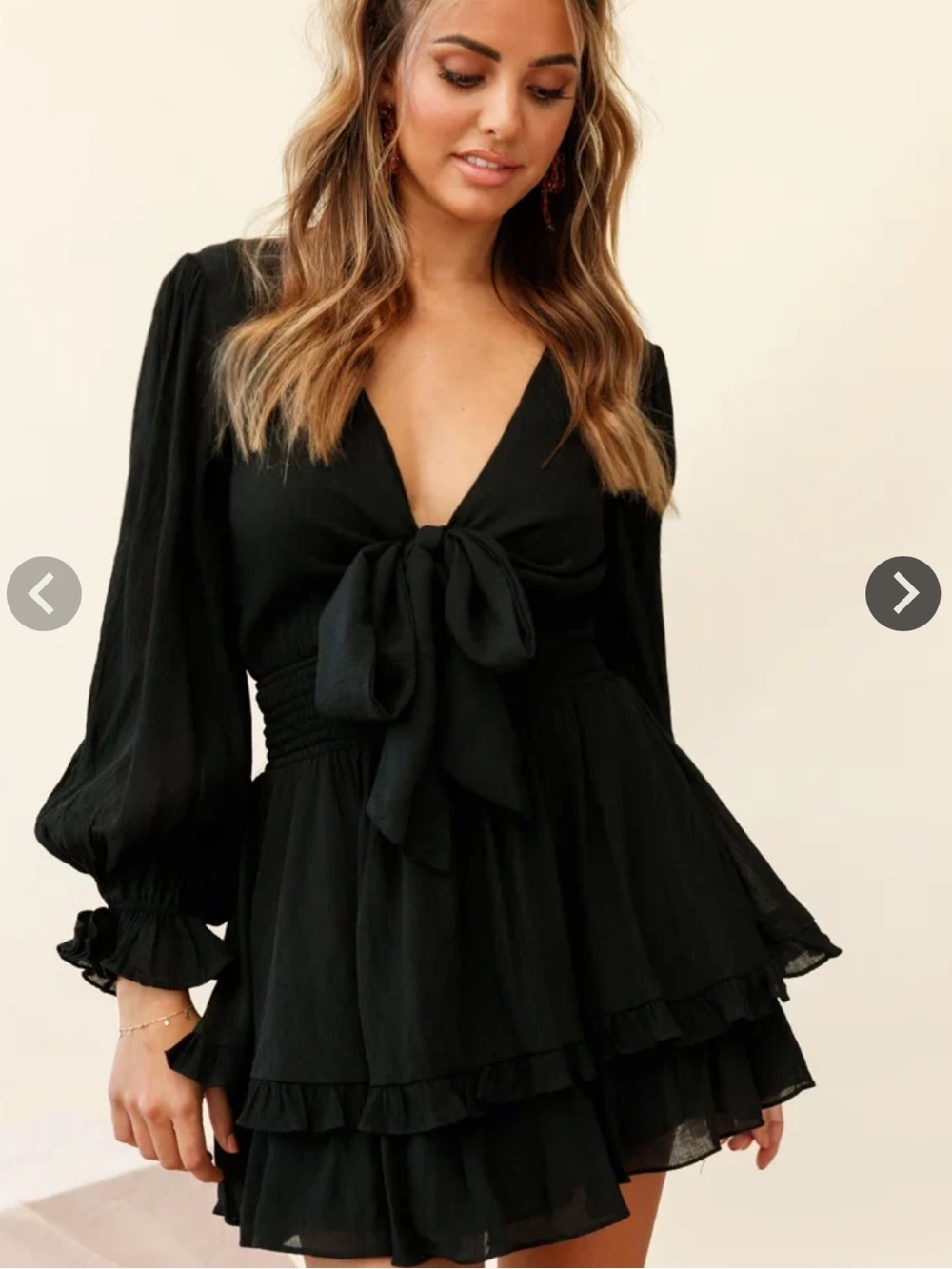 Women’s Black Tie-Front Long Sleeve Mini Dress